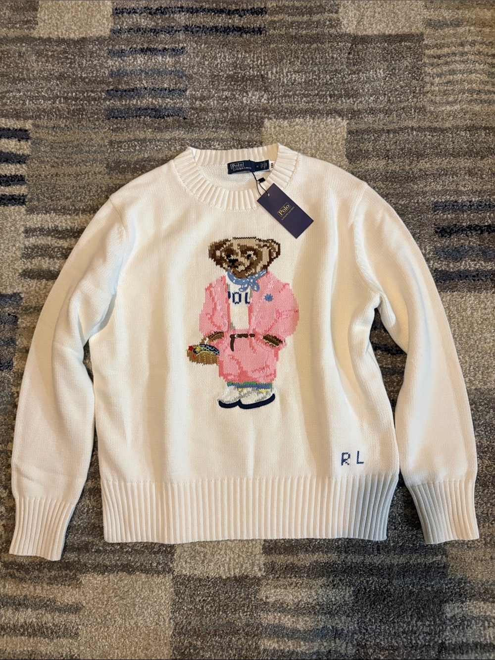 Ralph Lauren Cream Crewneck Sweater with Pink Bear Motif